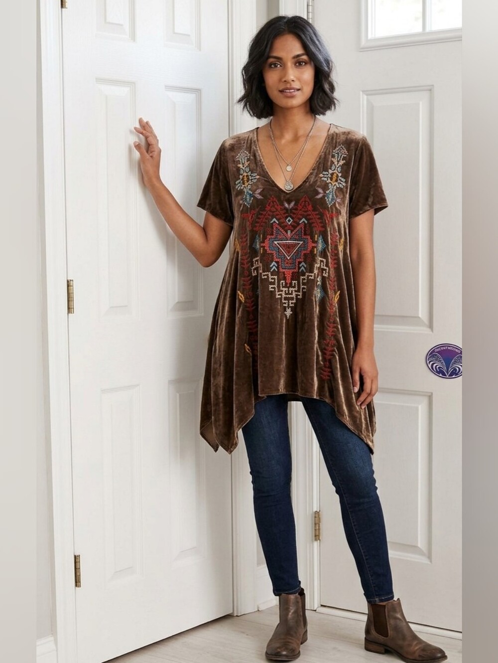 Johnny Was Brown Velvet Boho Embroidered V-Neck Tunic
